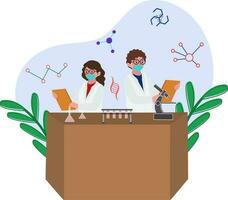 Scientists Or Chemists Wearing Mask And Look At Reports In Laboratory Illustration. vector