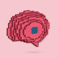 3D Pixel Human Brain And Implanted Chip On Pink Background. vector