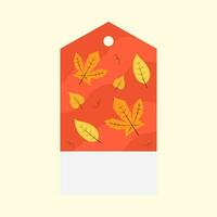 amarillo otoño hojas decorativo rojo etiqueta o etiqueta en cósmico tarde antecedentes con Copiar espacio. vector