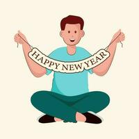 Cheerful Teenage Boy Holding Happy New Year Bunting On Cosmic Latte Background. vector