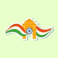 India Gate And Wavy Flag For India National Festival Celebration Concept On Light Green Background. vector