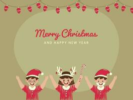 Merry Christmas And Happy New Year Font With Cartoon Kids Enjoying, Lighting Garland On Olive Background. vector