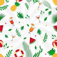 Summer Pattern Of Fruit With Tropical Leaves, Lifebuoy, Beach Ball, Drink Glass On White Rays Background, vector