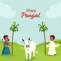 Happy Pongal Celebration Poster Design With South Indian Kids Holding Sugarcane, Bull Animal On Light Blue And Green Background. vector