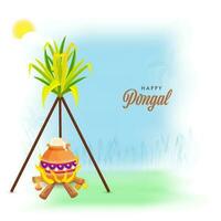 Happy Pongal Celebration Greeting Card With Rice Cooking In Mud Pot Over Firewood, Lit Oil Lamp And Sugarcane On Gradient Blur Background. vector