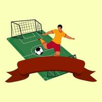 Football Match Concept With Blank Ribbon With Soccer Ball Kicking Faceless Player In Goal Net On Field Green And Yellow Background. vector