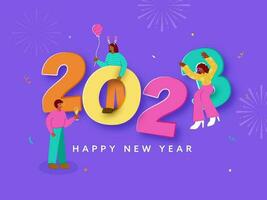 Colorful 2023 Number With Cartoon People Enjoying And Celebrate On Violet Fireworks Background For Happy New Year Concept. vector