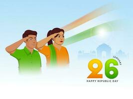 26 January, Happy Republic Day Concept With Young Man And Woman Giving Salute Against Glossy Blue Background. vector
