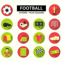 Flat Illustration Of Football Play Essential Icon Set Over Red And Green Circles Background. vector