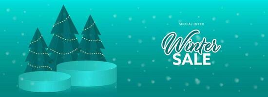 Winter Sale Banner Or Header Design With Paper Cut Xmas Trees And Empty Podium On Turquoise Background. vector