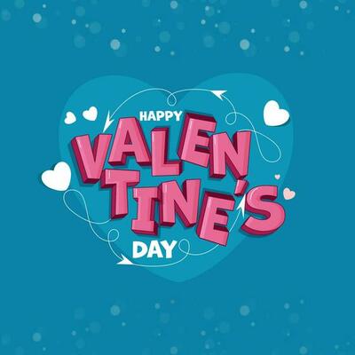 White And Pink Happy Valentine's Day Text With Hearts On Blue Bokeh Blur Background.