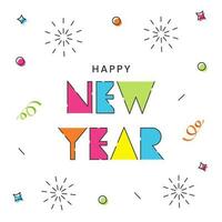 Colorful Stylish Happy New Year Font Against Fireworks White Background. vector