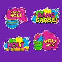 Sticker Style Holi Festival Quotes Collection Against Purple Background. vector