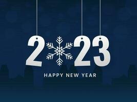 2023 Number Hang With Snowflake Against Blue Silhouette Buildings Background. vector