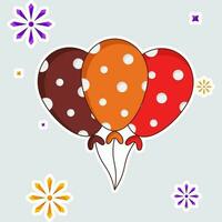 Colorful Balloon Bunch With Stars Grey Background In Sticker Style. vector