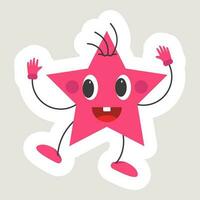 Dancing Pink Star Cartoon Over Grey Background In Sticker Style. vector