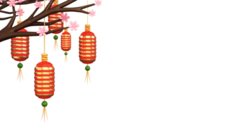 3D Rendering Chinese Lanterns Hang With Sakura Branch Element. png