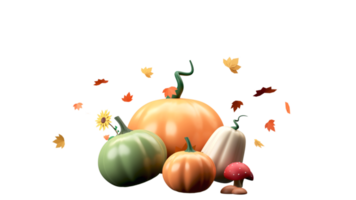 3D Render Of Pumpkins With Sunflower, Toadstools And Autumn Leaves Against Background. png