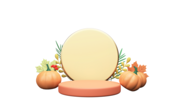 3D Render Empty Circular Frame With Podium, Pumpkins, Leaves Against Background. png