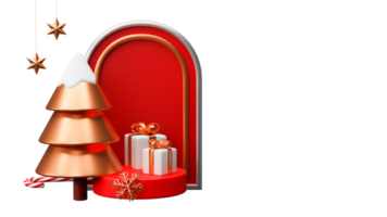 3d geven koper Kerstmis boom met geschenk dozen over- podium, schitteren sneeuwvlokken, snoep stok, sterren hangen en kopiëren ruimte png