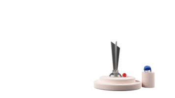 3D Render Silver Trophy Cup With Cricket Ball, Helmet Over Podium And Copy Space. png