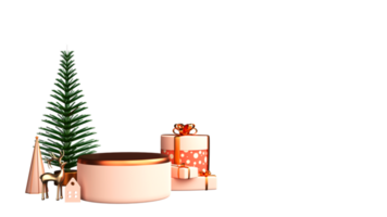 3D Christmas Tree With Gift Boxes, Reindeer, House And Empty Podium Against Background. png