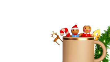 3D Render Of Cartoon Gingerbread With Candy Cane In Mug, Reindeer, House, Tinsel Garland Decorated Background And Copy Space. png