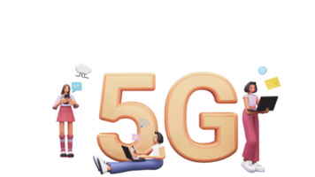 3d 5g texte avec Jeune femmes en utilisant haute la vitesse l'Internet dans dispositifs. png