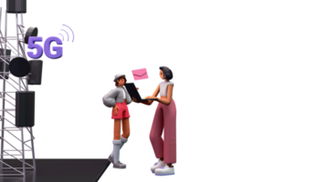 3d render do 5g sinal ou célula torre com jovem mulheres discutindo para cada de outros para Alto Rapidez rede conexão. png