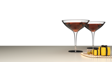 Realistic Cocktail Glasses With Gift Boxes, Baubles, Lighting Garland Decorated On Background And Copy Space. png