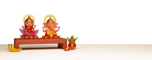 Hindoe mythologie heer ganesha en godin lakshmi over- houten met aanbidden pot tegen achtergrond voor diwali viering concept. png