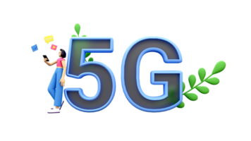 3d rendre de 5g texte avec fille en utilisant social médias app par téléphone intelligent contre Contexte. png