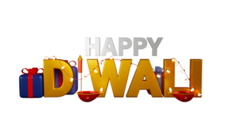 3d feliz diwali texto decorado com iluminação festão, presente caixas, fogos de artifício foguete e iluminado óleo lâmpadas contra fundo. png