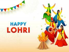 Happy Lohri Celebration Poster Design With Punjabi People Performing Bhangra Dance, Bonfire Illustration On White And Pastel Orange Background. vector