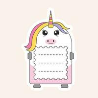 linda unicornio dibujos animados marco o cuaderno etiqueta en melocotón antecedentes. vector