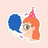 Happy Little Girl Wearing Party Hat And Speech bubble Sticker In Flat Style. vector