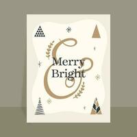 Merry Bright Text With Various Style Xmas Trees And Snowflakes On Beige Background. vector