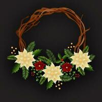 Wreath Decorated From Poinsettia Flower With Leaves, Berries And Copy Space On Black Background. vector