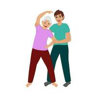 Trainer Man Helping Senior Woman Doing Yoga On White Background. vector