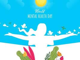 mundo mental salud día concepto con silueta mujer abierto su brazos, volador aves, flores, hojas, Dom en azul y blanco antecedentes. vector