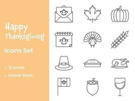 12 Thanksgiving Icons Set In Black Linear Style On White Background. vector