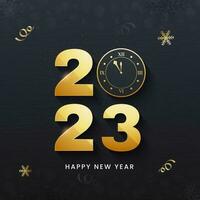 Golden 2023 Number With Wall Clock, Snowflakes, Curl Ribbon Decorated On Black Background For Happy New Year Concept. vector