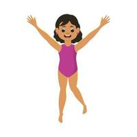 Cheerful Swimmer Girl Raising Hands Up On White Background. vector