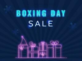 Boxing Day Sale Font With Gift Boxes In Neon Effect And Snowflakes On Blue Rays Background. vector