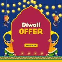 Diwali Sale Poster Design With Tutari Player Men In Traditional Attire, Traditional Lanterns On Red And Blue Background. vector