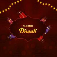 Golden Happy Diwali Font Over Vintage Frame With Firecracker And Lighting Garland Decorated On Dark Red Bokeh Blur Background. vector