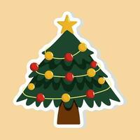 Cartoon Style Vector Illustration Of Decorated Christmas Tree In Green Color.