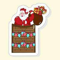 Illustration Of Sticker Style Santa Claus With Bag In Chimney Icon On White Background. vector