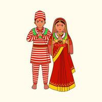 nepalí novia y novio vistiendo tradicional vestir en namaste actitud en contra cósmico latté antecedentes. vector