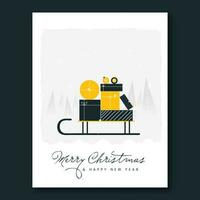 Merry Christmas And New Year Greeting Card With Vector Gift Boxes Over Ice Sleigh On Gray And White Xmas Tree Background.